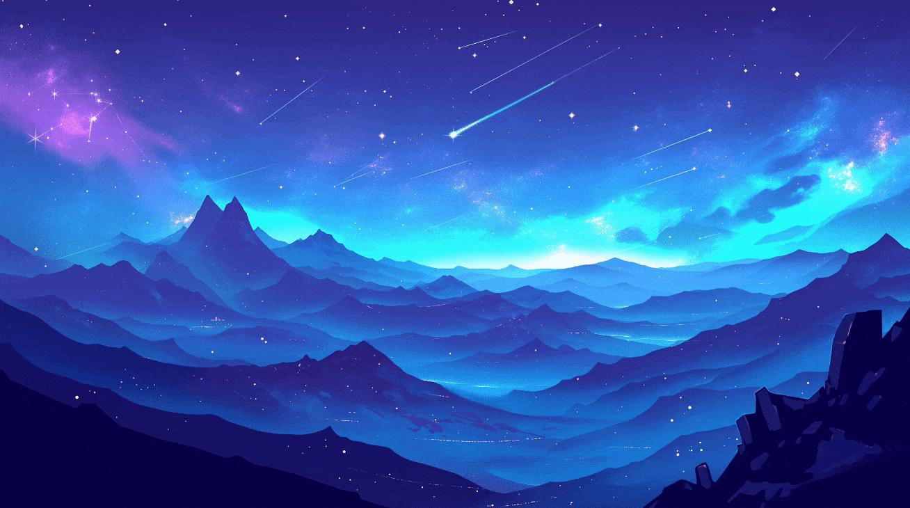 Starry night sky with shooting stars over glowing blue mountains